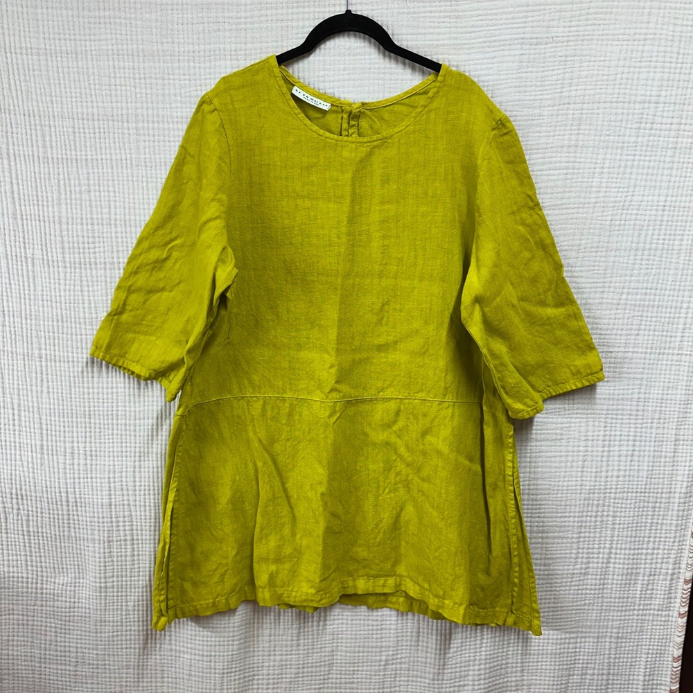 Bryn Walker 100% Linen Top Women's Chartreuse L Lagenlook Breathable Boxy Tunic